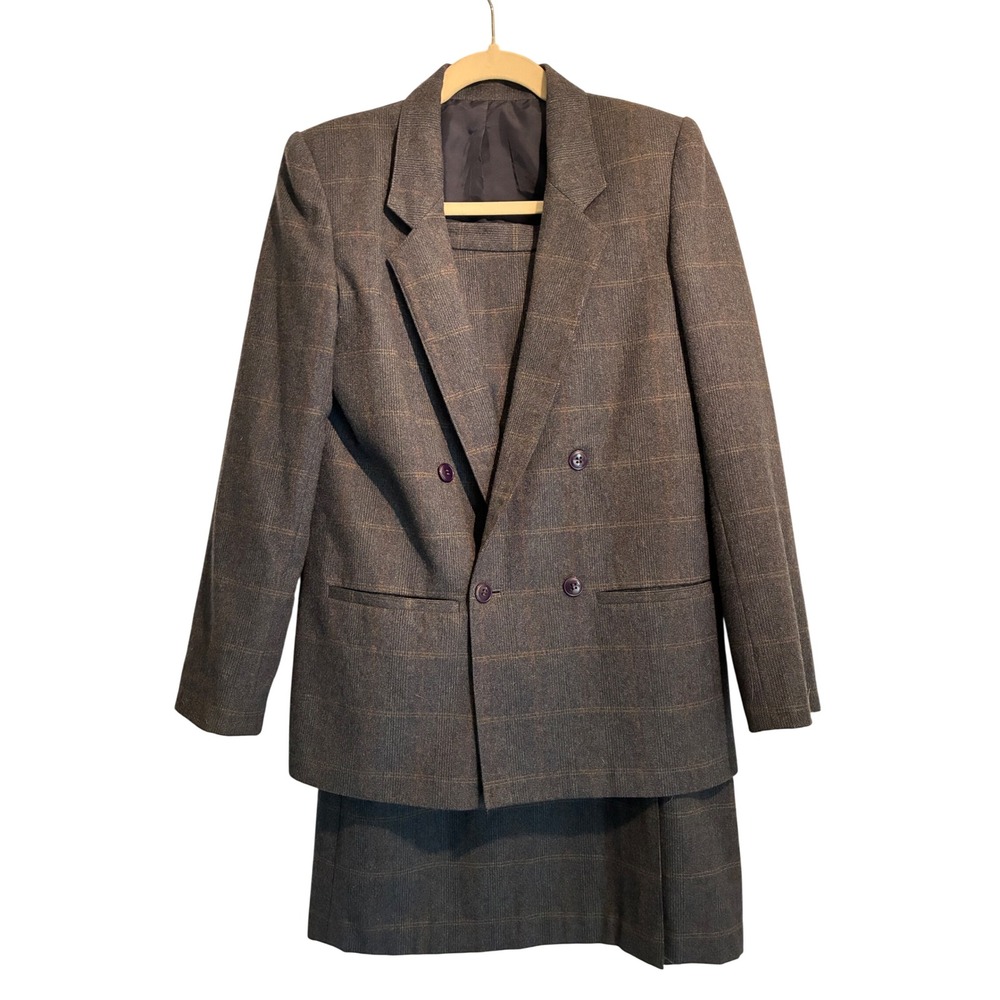 Vintage Diane Von Furstenberg Wool Plaid Skirt Suit Double Breasted 6